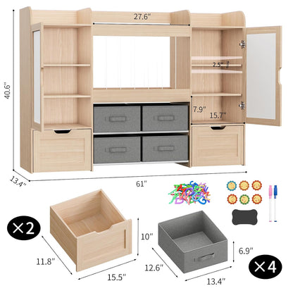 61"W Toy Storage Organizer, Kids Bookshelf with 122L Stuffed Animal Storage, 2 Magnetic Drawing Boards, 2 Movable Toy Boxes and 4 Fabric Bins, Wooden Shelf for Kids Room/Playroom/Living Room
