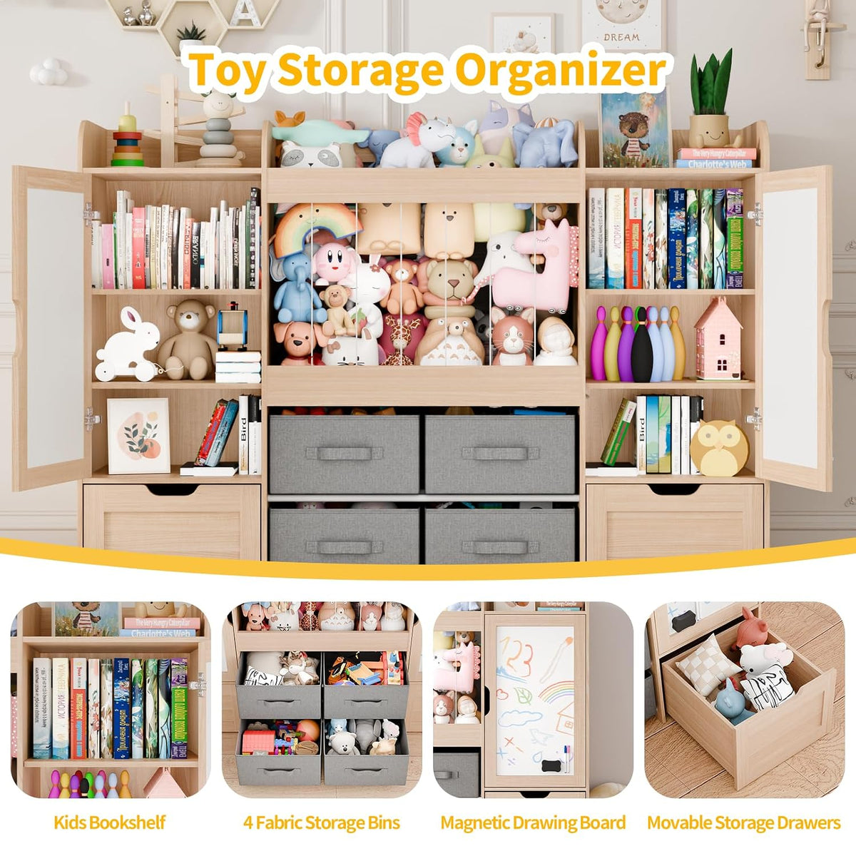 61"W Toy Storage Organizer, Kids Bookshelf with 122L Stuffed Animal Storage, 2 Magnetic Drawing Boards, 2 Movable Toy Boxes and 4 Fabric Bins, Wooden Shelf for Kids Room/Playroom/Living Room