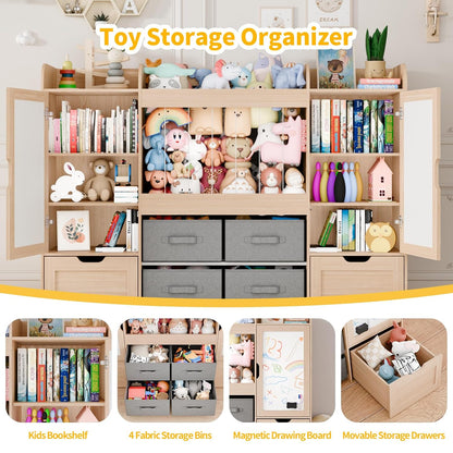61"W Toy Storage Organizer, Kids Bookshelf with 122L Stuffed Animal Storage, 2 Magnetic Drawing Boards, 2 Movable Toy Boxes and 4 Fabric Bins, Wooden Shelf for Kids Room/Playroom/Living Room
