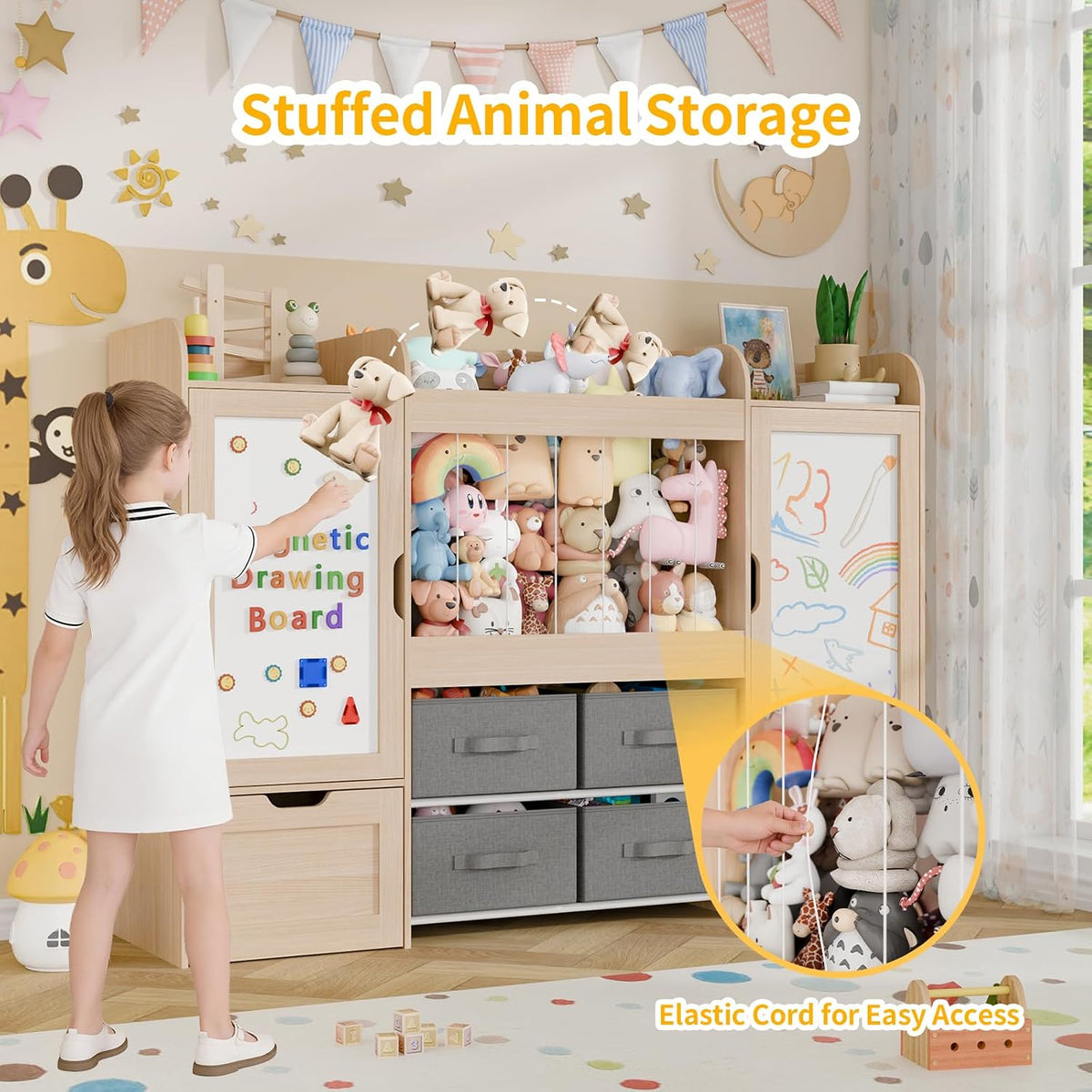 61"W Toy Storage Organizer, Kids Bookshelf with 122L Stuffed Animal Storage, 2 Magnetic Drawing Boards, 2 Movable Toy Boxes and 4 Fabric Bins, Wooden Shelf for Kids Room/Playroom/Living Room