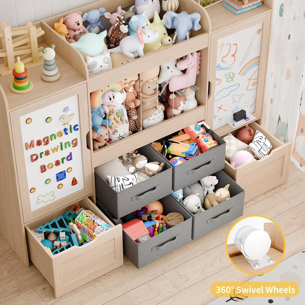 61"W Toy Storage Organizer, Kids Bookshelf with 122L Stuffed Animal Storage, 2 Magnetic Drawing Boards, 2 Movable Toy Boxes and 4 Fabric Bins, Wooden Shelf for Kids Room/Playroom/Living Room