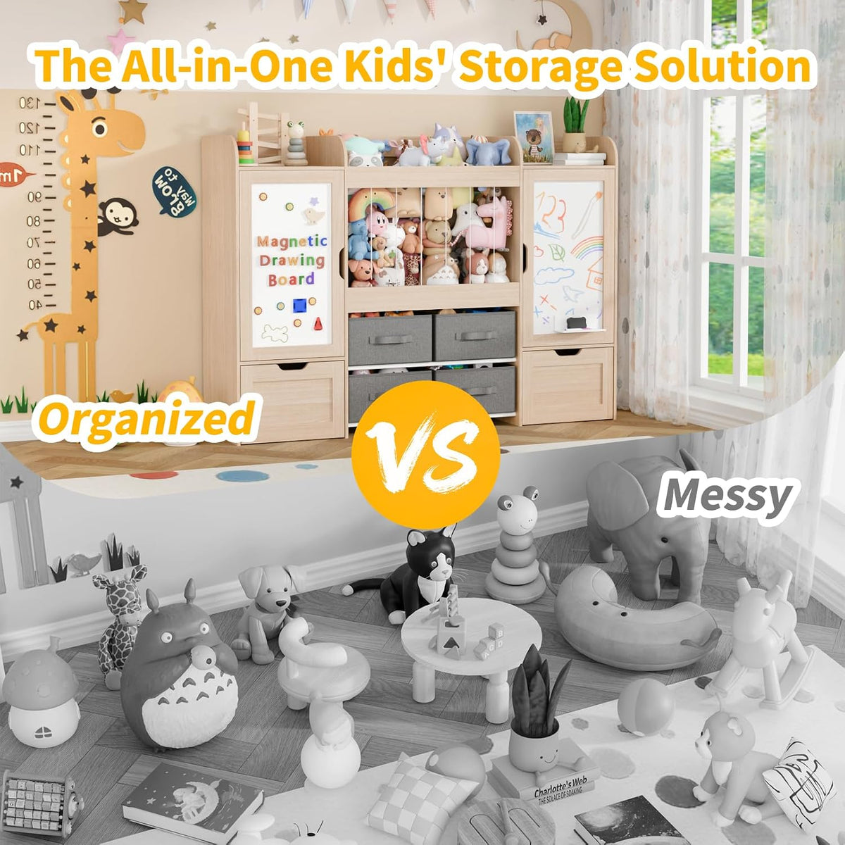 61"W Toy Storage Organizer, Kids Bookshelf with 122L Stuffed Animal Storage, 2 Magnetic Drawing Boards, 2 Movable Toy Boxes and 4 Fabric Bins, Wooden Shelf for Kids Room/Playroom/Living Room