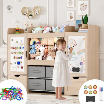 61"W Toy Storage Organizer, Kids Bookshelf with 122L Stuffed Animal Storage, 2 Magnetic Drawing Boards, 2 Movable Toy Boxes and 4 Fabric Bins, Wooden Shelf for Kids Room/Playroom/Living Room