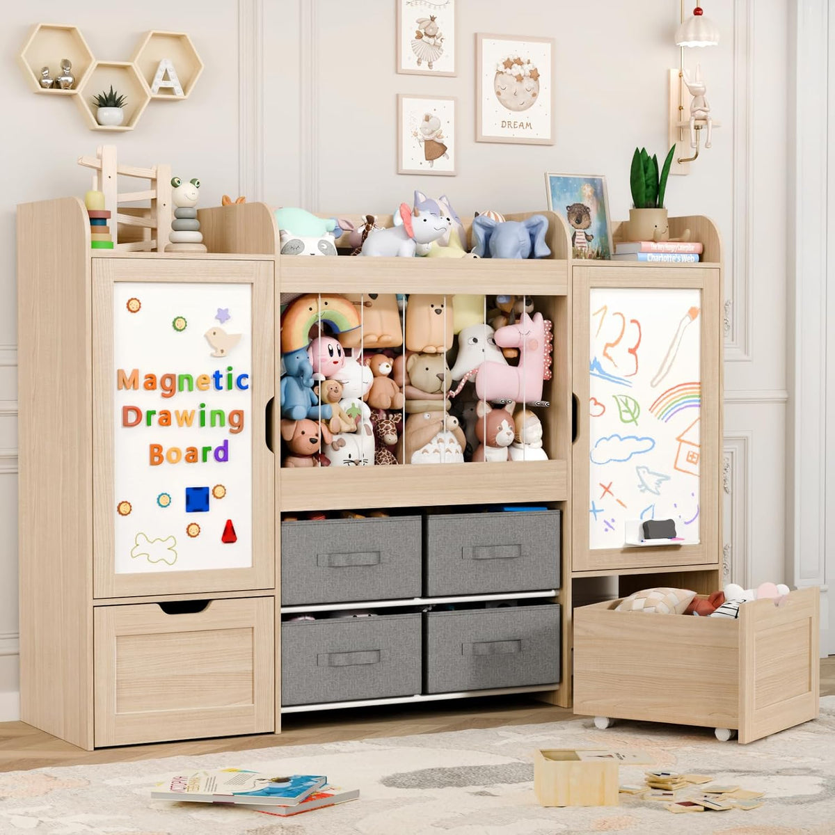 61"W Toy Storage Organizer, Kids Bookshelf with 122L Stuffed Animal Storage, 2 Magnetic Drawing Boards, 2 Movable Toy Boxes and 4 Fabric Bins, Wooden Shelf for Kids Room/Playroom/Living Room