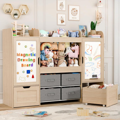 61"W Toy Storage Organizer, Kids Bookshelf with 122L Stuffed Animal Storage, 2 Magnetic Drawing Boards, 2 Movable Toy Boxes and 4 Fabric Bins, Wooden Shelf for Kids Room/Playroom/Living Room