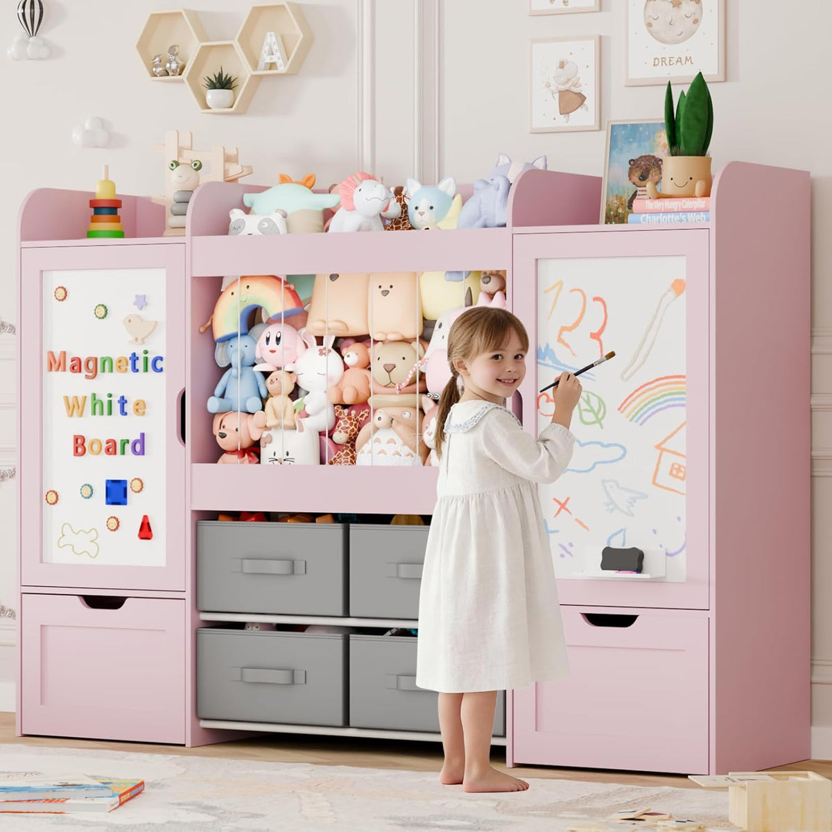 61"W Toy Storage Organizer, Kids Bookshelf with 122L Stuffed Animal Storage, 2 Magnetic Drawing Boards, 2 Movable Toy Boxes and 4 Fabric Bins, Wooden Shelf for Kids Room/Playroom/Living Room