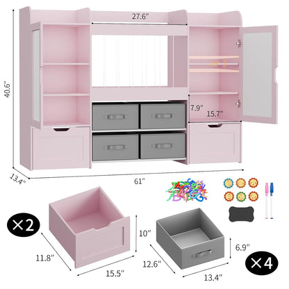 61"W Toy Storage Organizer, Kids Bookshelf with 122L Stuffed Animal Storage, 2 Magnetic Drawing Boards, 2 Movable Toy Boxes and 4 Fabric Bins, Wooden Shelf for Kids Room/Playroom/Living Room