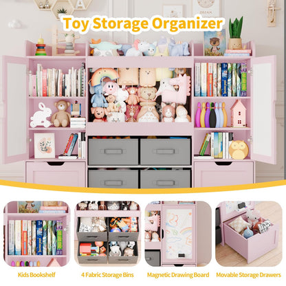 61"W Toy Storage Organizer, Kids Bookshelf with 122L Stuffed Animal Storage, 2 Magnetic Drawing Boards, 2 Movable Toy Boxes and 4 Fabric Bins, Wooden Shelf for Kids Room/Playroom/Living Room