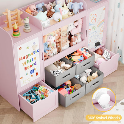 61"W Toy Storage Organizer, Kids Bookshelf with 122L Stuffed Animal Storage, 2 Magnetic Drawing Boards, 2 Movable Toy Boxes and 4 Fabric Bins, Wooden Shelf for Kids Room/Playroom/Living Room