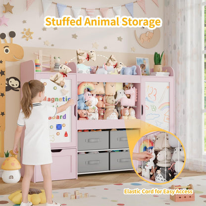 61"W Toy Storage Organizer, Kids Bookshelf with 122L Stuffed Animal Storage, 2 Magnetic Drawing Boards, 2 Movable Toy Boxes and 4 Fabric Bins, Wooden Shelf for Kids Room/Playroom/Living Room