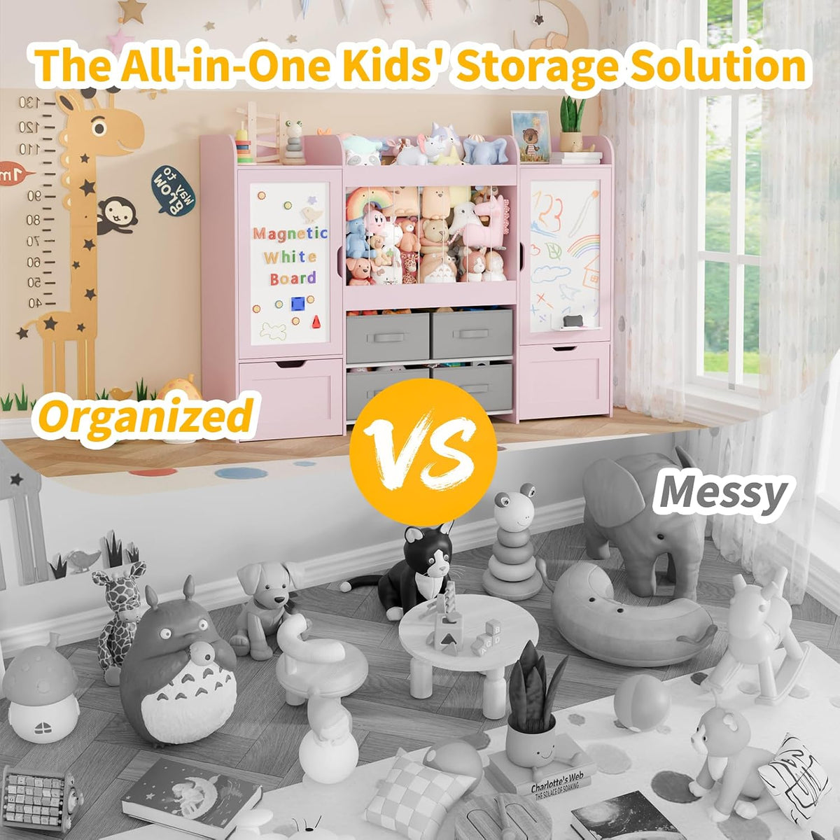61"W Toy Storage Organizer, Kids Bookshelf with 122L Stuffed Animal Storage, 2 Magnetic Drawing Boards, 2 Movable Toy Boxes and 4 Fabric Bins, Wooden Shelf for Kids Room/Playroom/Living Room