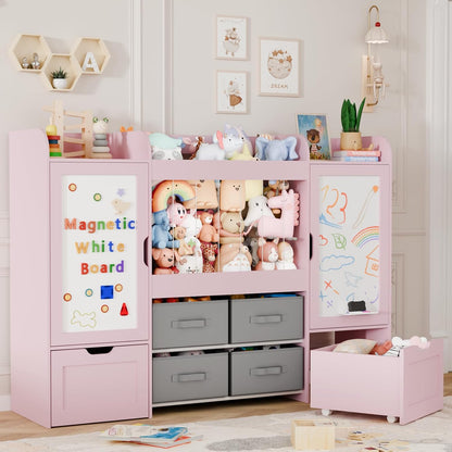 61"W Toy Storage Organizer, Kids Bookshelf with 122L Stuffed Animal Storage, 2 Magnetic Drawing Boards, 2 Movable Toy Boxes and 4 Fabric Bins, Wooden Shelf for Kids Room/Playroom/Living Room