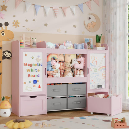 61"W Toy Storage Organizer, Kids Bookshelf with 122L Stuffed Animal Storage, 2 Magnetic Drawing Boards, 2 Movable Toy Boxes and 4 Fabric Bins, Wooden Shelf for Kids Room/Playroom/Living Room