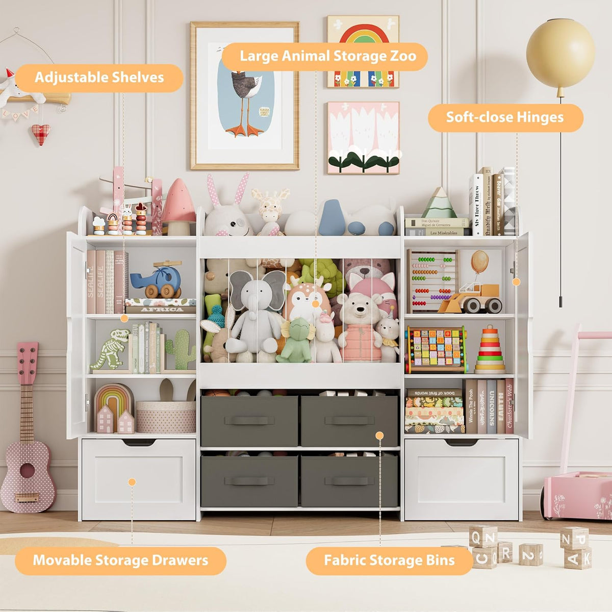 61"W Toy Storage Organizer, Kids Bookshelf with 122L Stuffed Animal Storage, 2 Magnetic Drawing Boards, 2 Movable Toy Boxes and 4 Fabric Bins, Wooden Shelf for Kids Room/Playroom/Living Room
