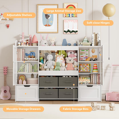 61"W Toy Storage Organizer, Kids Bookshelf with 122L Stuffed Animal Storage, 2 Magnetic Drawing Boards, 2 Movable Toy Boxes and 4 Fabric Bins, Wooden Shelf for Kids Room/Playroom/Living Room