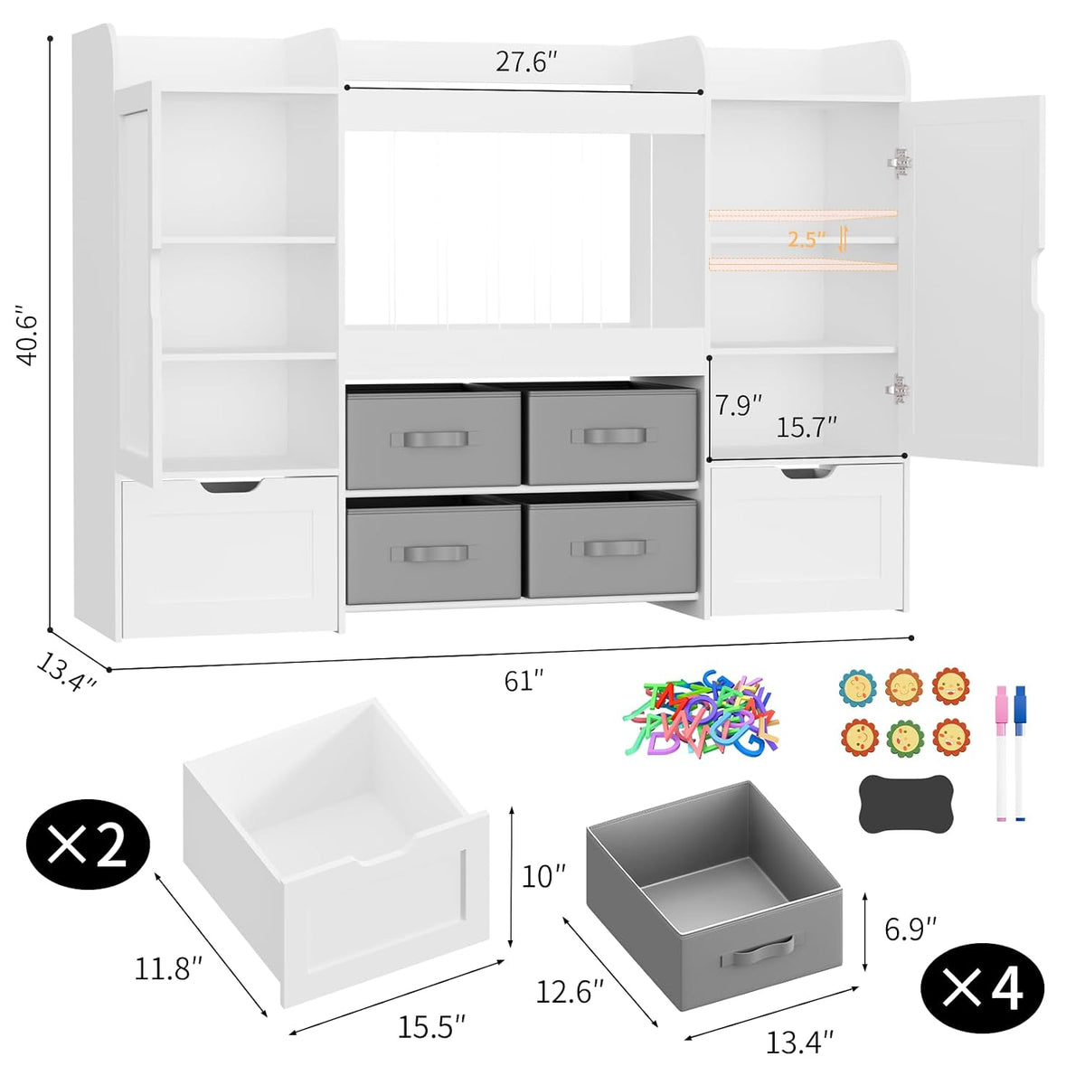 61"W Toy Storage Organizer, Kids Bookshelf with 122L Stuffed Animal Storage, 2 Magnetic Drawing Boards, 2 Movable Toy Boxes and 4 Fabric Bins, Wooden Shelf for Kids Room/Playroom/Living Room
