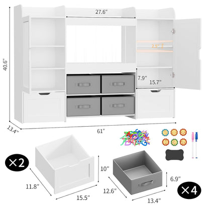 61"W Toy Storage Organizer, Kids Bookshelf with 122L Stuffed Animal Storage, 2 Magnetic Drawing Boards, 2 Movable Toy Boxes and 4 Fabric Bins, Wooden Shelf for Kids Room/Playroom/Living Room