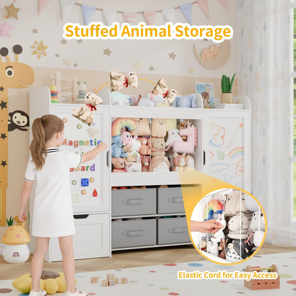 61"W Toy Storage Organizer, Kids Bookshelf with 122L Stuffed Animal Storage, 2 Magnetic Drawing Boards, 2 Movable Toy Boxes and 4 Fabric Bins, Wooden Shelf for Kids Room/Playroom/Living Room