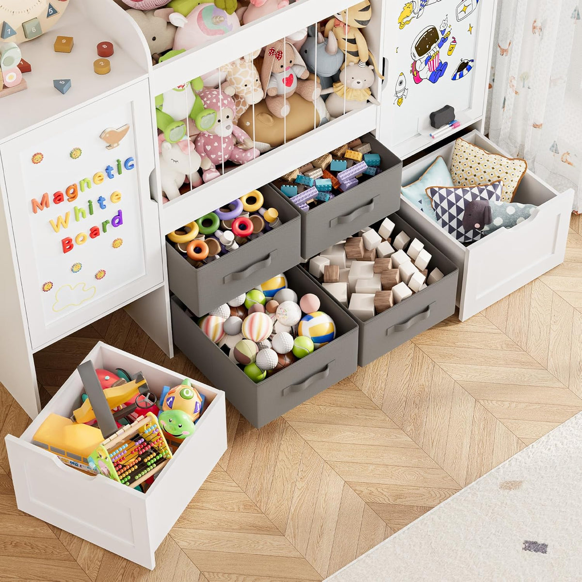 61"W Toy Storage Organizer, Kids Bookshelf with 122L Stuffed Animal Storage, 2 Magnetic Drawing Boards, 2 Movable Toy Boxes and 4 Fabric Bins, Wooden Shelf for Kids Room/Playroom/Living Room