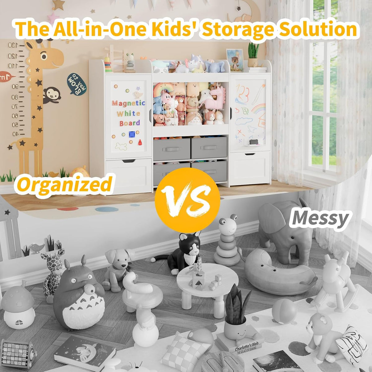 61"W Toy Storage Organizer, Kids Bookshelf with 122L Stuffed Animal Storage, 2 Magnetic Drawing Boards, 2 Movable Toy Boxes and 4 Fabric Bins, Wooden Shelf for Kids Room/Playroom/Living Room
