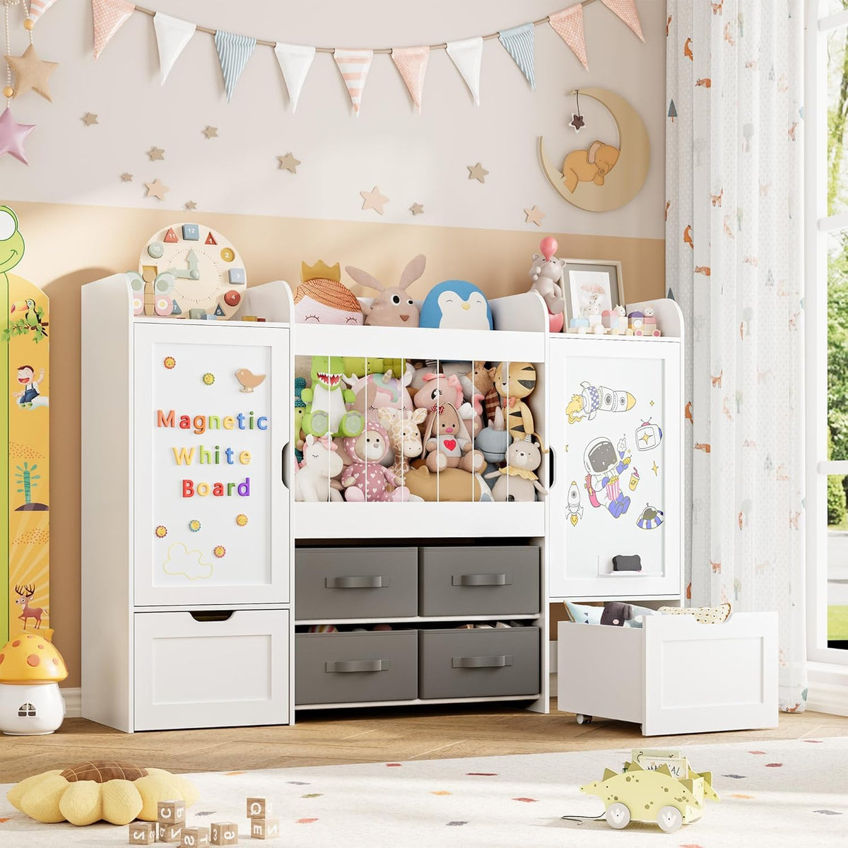 61"W Toy Storage Organizer, Kids Bookshelf with 122L Stuffed Animal Storage, 2 Magnetic Drawing Boards, 2 Movable Toy Boxes and 4 Fabric Bins, Wooden Shelf for Kids Room/Playroom/Living Room