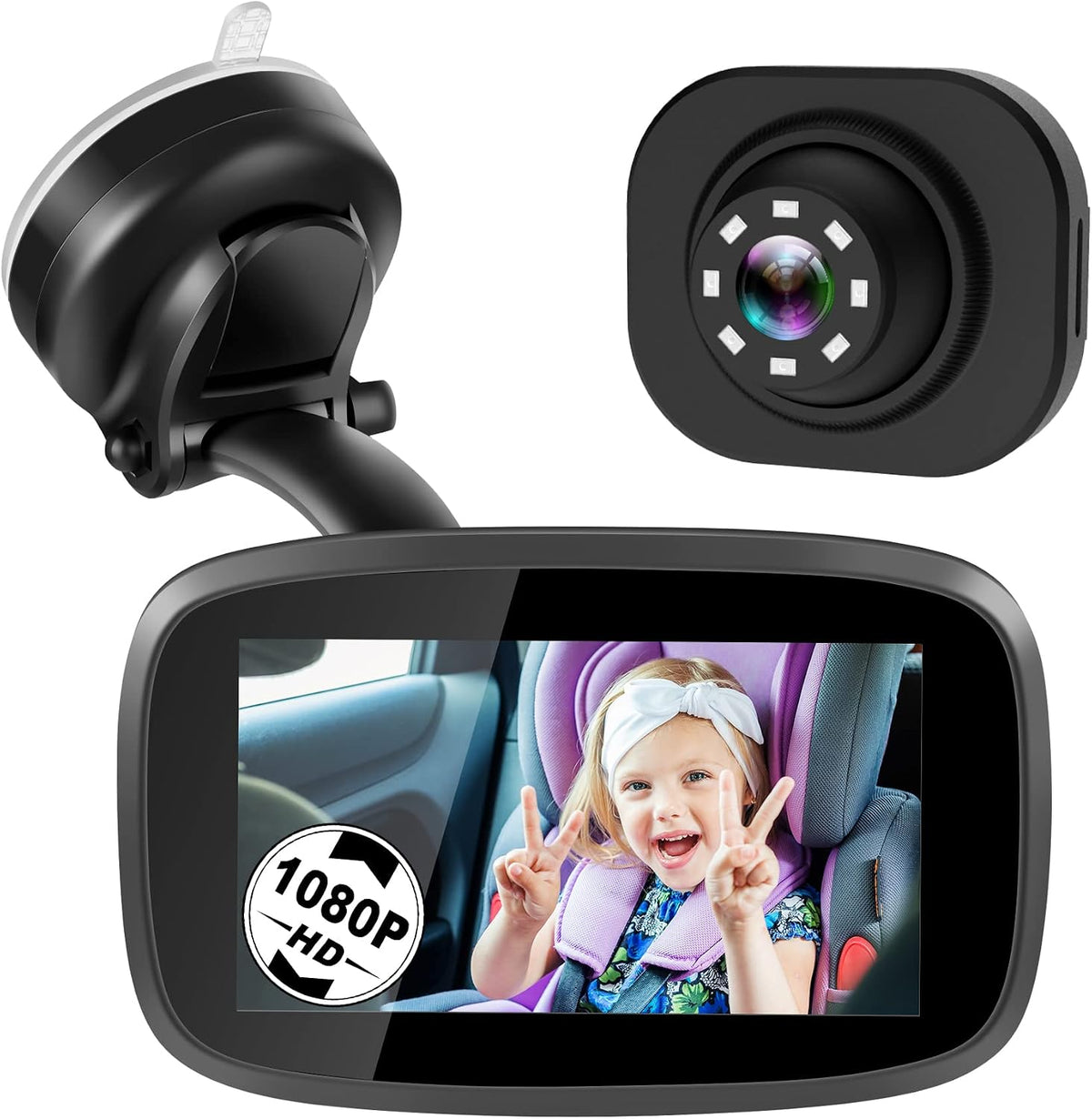 1080P Baby Car Mirror, 4.3" Baby Car Camera Monitor with 170° Wide View, HD Night Vision Function and Reusable Sucker Bracket, Safety Rear Facing Cars Set Camera for Infants Kids Toddlers