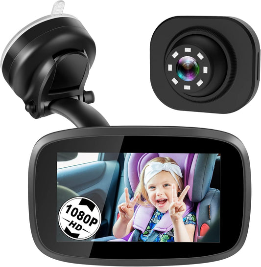 1080P Baby Car Mirror, 4.3" Baby Car Camera Monitor with 170° Wide View, HD Night Vision Function and Reusable Sucker Bracket, Safety Rear Facing Cars Set Camera for Infants Kids Toddlers