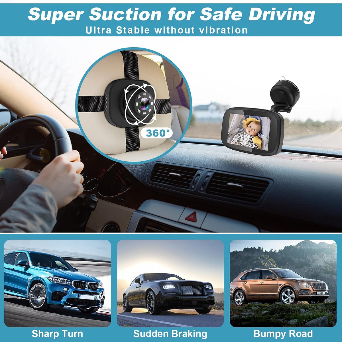 1080P Baby Car Mirror, 4.3" Baby Car Camera Monitor with 170° Wide View, HD Night Vision Function and Reusable Sucker Bracket, Safety Rear Facing Cars Set Camera for Infants Kids Toddlers
