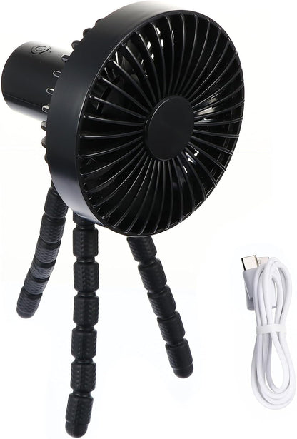 Portable Mini Stroller Fan with Flexible Tripod, Rechargeable Battery Operated Air Cooler for Outdoor Travel and Office Use, Black