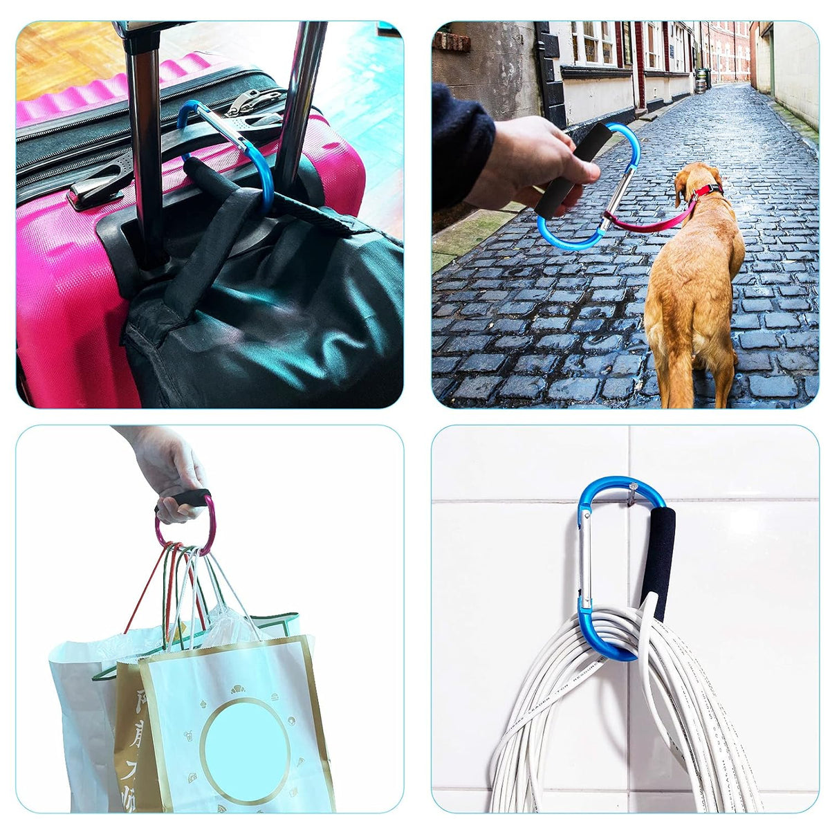 4 Pack Large Carabiner 5.5" D Style Click and Carry Bag Carrier Stroller Hooks(Black and Blue)