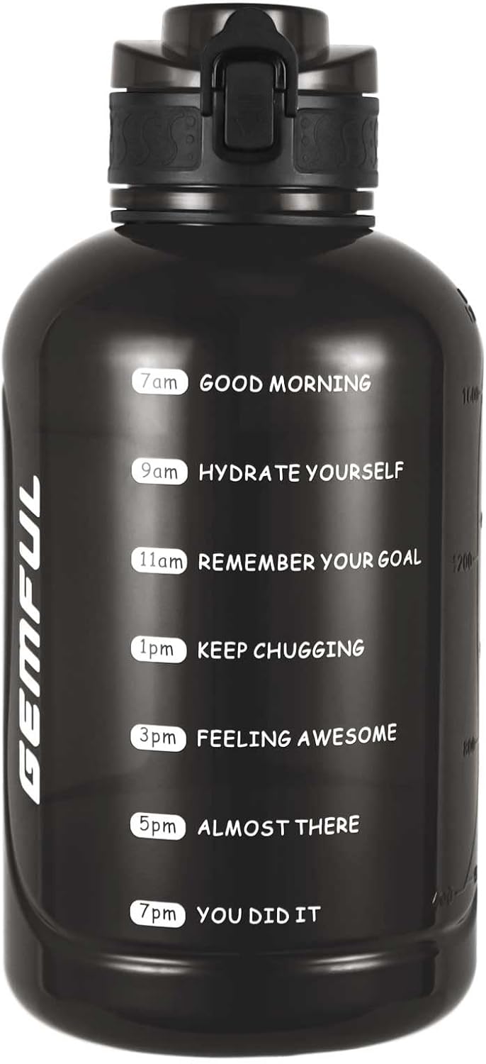 GEMFUL 3L Water Bottle with Measurements & Straw 100oz Leakproof Jug (Grey) | BPA Free, Time Marker, Wide Mouth, Sturdy Handle for Carry, for Gym, Fitness, Hiking, Office, Wome, Men