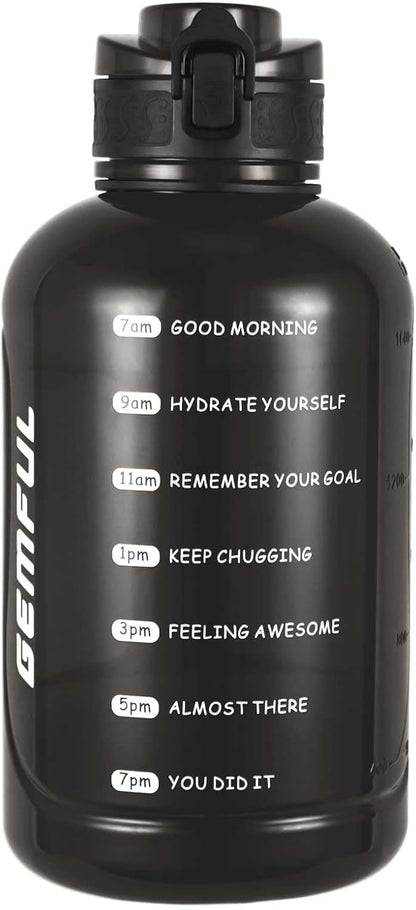 GEMFUL 3L Water Bottle with Measurements & Straw 100oz Leakproof Jug (Grey) | BPA Free, Time Marker, Wide Mouth, Sturdy Handle for Carry, for Gym, Fitness, Hiking, Office, Wome, Men