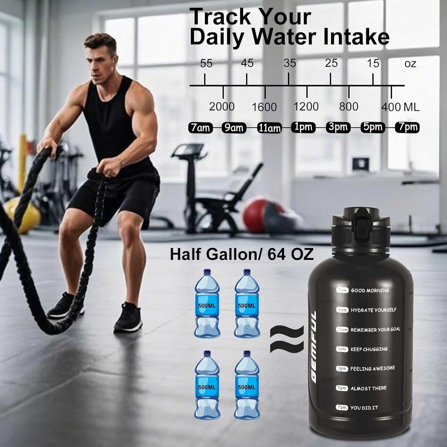 GEMFUL 3L Water Bottle with Measurements & Straw 100oz Leakproof Jug (Grey) | BPA Free, Time Marker, Wide Mouth, Sturdy Handle for Carry, for Gym, Fitness, Hiking, Office, Wome, Men