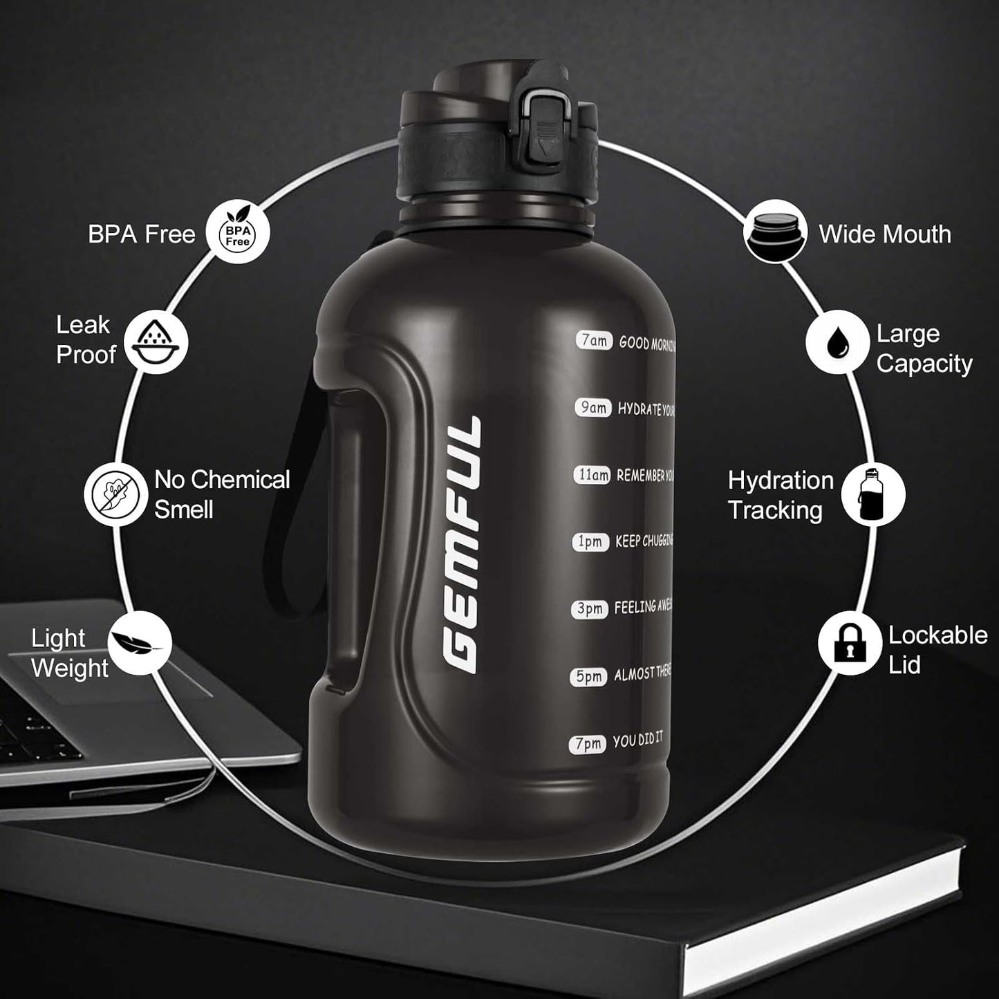 GEMFUL 3L Water Bottle with Measurements & Straw 100oz Leakproof Jug (Grey) | BPA Free, Time Marker, Wide Mouth, Sturdy Handle for Carry, for Gym, Fitness, Hiking, Office, Wome, Men