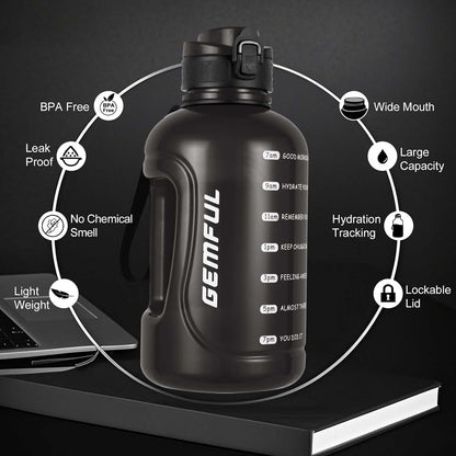 GEMFUL 3L Water Bottle with Measurements & Straw 100oz Leakproof Jug (Grey) | BPA Free, Time Marker, Wide Mouth, Sturdy Handle for Carry, for Gym, Fitness, Hiking, Office, Wome, Men