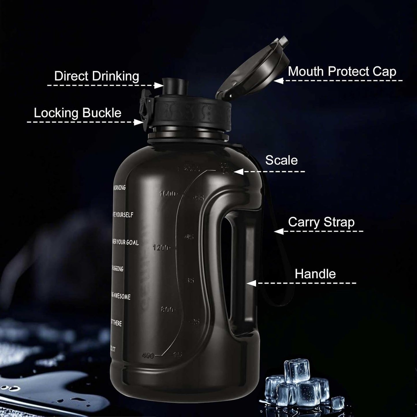 GEMFUL 3L Water Bottle with Measurements & Straw 100oz Leakproof Jug (Grey) | BPA Free, Time Marker, Wide Mouth, Sturdy Handle for Carry, for Gym, Fitness, Hiking, Office, Wome, Men