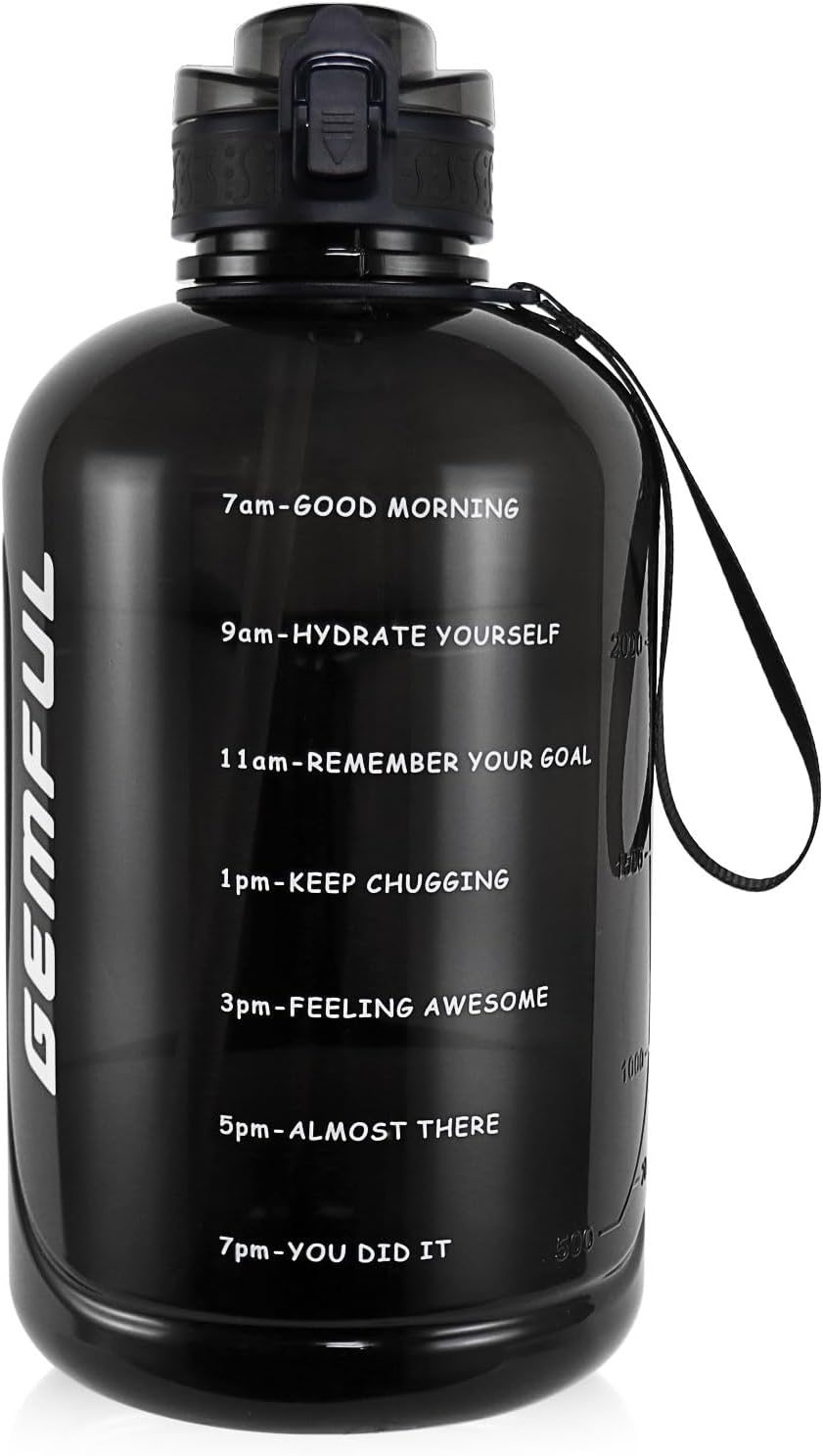 GEMFUL 3L Water Bottle with Measurements & Straw 100oz Leakproof Jug (Grey) | BPA Free, Time Marker, Wide Mouth, Sturdy Handle for Carry, for Gym, Fitness, Hiking, Office, Wome, Men