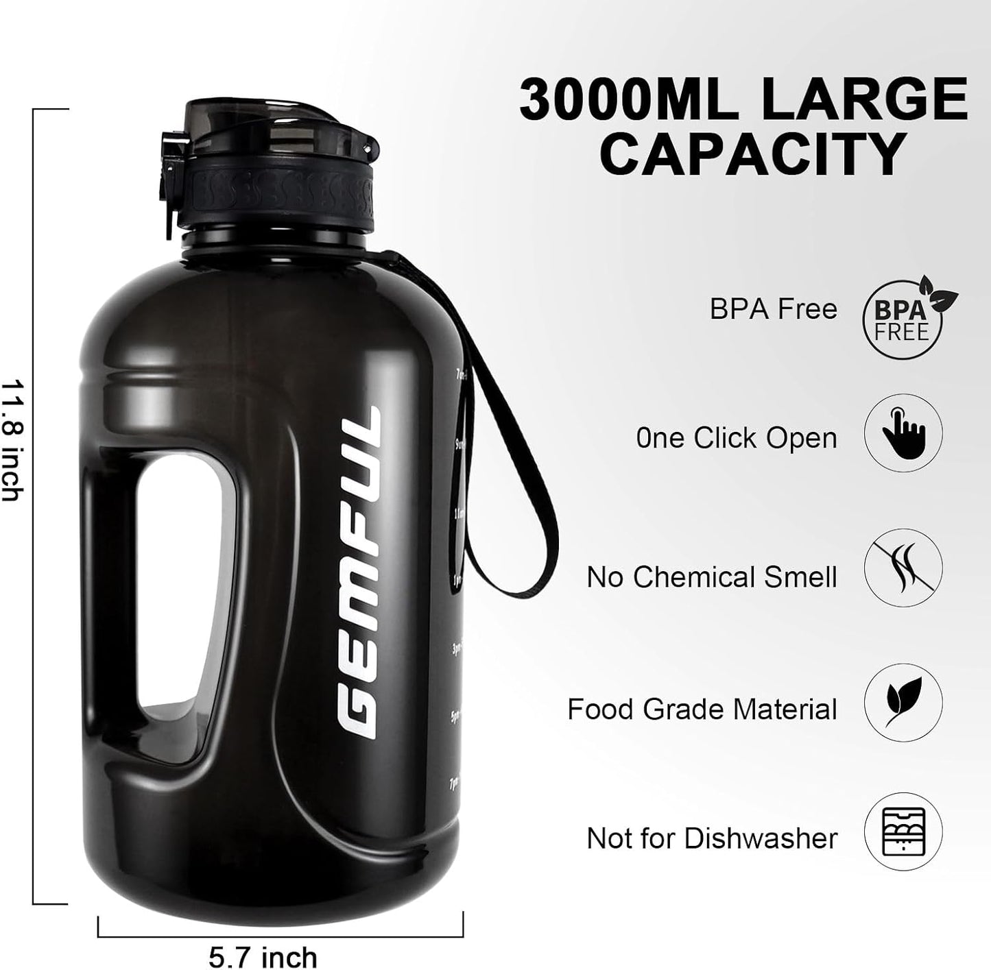 GEMFUL 3L Water Bottle with Measurements & Straw 100oz Leakproof Jug (Grey) | BPA Free, Time Marker, Wide Mouth, Sturdy Handle for Carry, for Gym, Fitness, Hiking, Office, Wome, Men