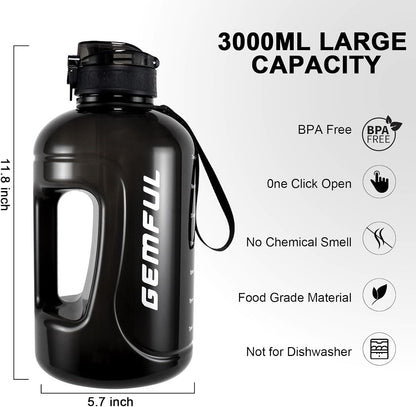 GEMFUL 3L Water Bottle with Measurements & Straw 100oz Leakproof Jug (Grey) | BPA Free, Time Marker, Wide Mouth, Sturdy Handle for Carry, for Gym, Fitness, Hiking, Office, Wome, Men