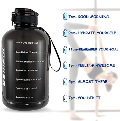 GEMFUL 3L Water Bottle with Measurements & Straw 100oz Leakproof Jug (Grey) | BPA Free, Time Marker, Wide Mouth, Sturdy Handle for Carry, for Gym, Fitness, Hiking, Office, Wome, Men