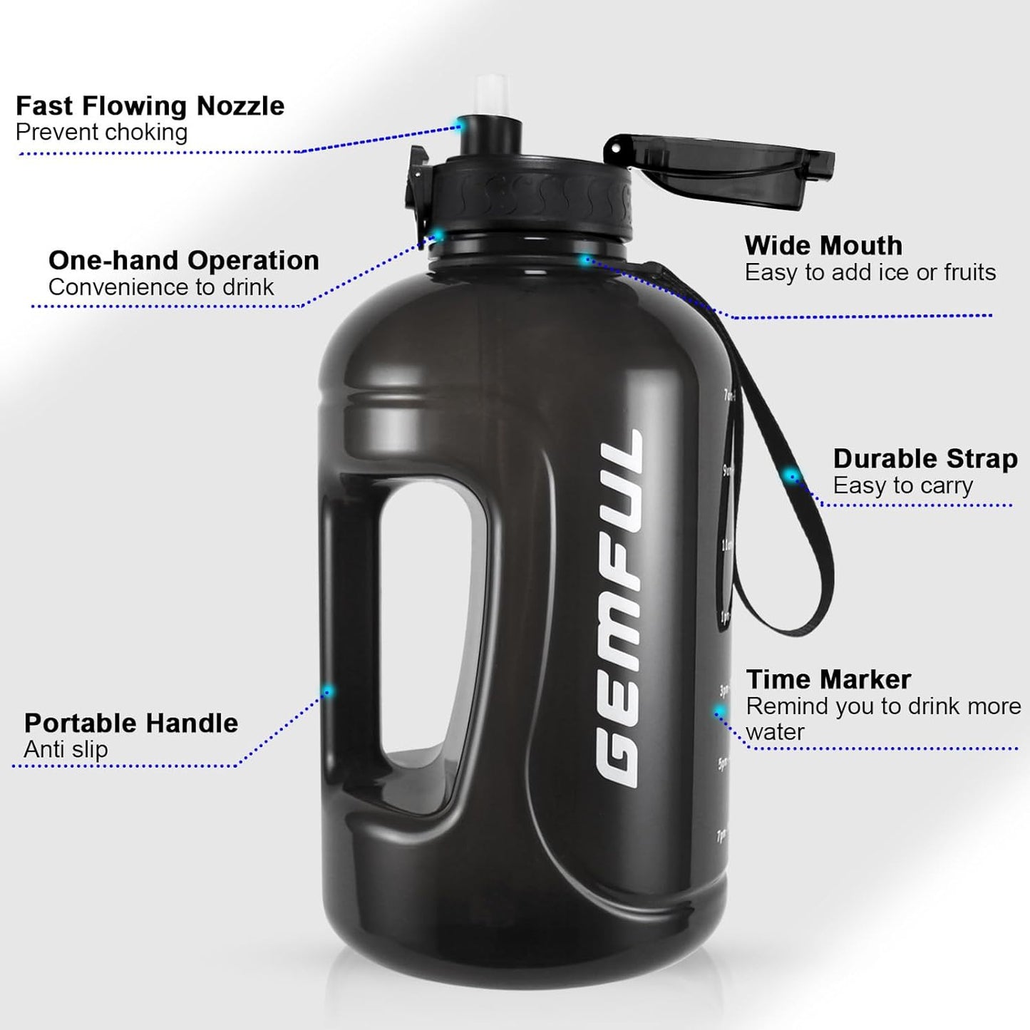 GEMFUL 3L Water Bottle with Measurements & Straw 100oz Leakproof Jug (Grey) | BPA Free, Time Marker, Wide Mouth, Sturdy Handle for Carry, for Gym, Fitness, Hiking, Office, Wome, Men