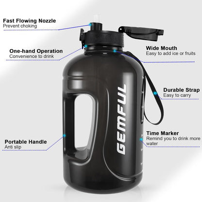 GEMFUL 3L Water Bottle with Measurements & Straw 100oz Leakproof Jug (Grey) | BPA Free, Time Marker, Wide Mouth, Sturdy Handle for Carry, for Gym, Fitness, Hiking, Office, Wome, Men
