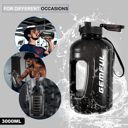 GEMFUL 3L Water Bottle with Measurements & Straw 100oz Leakproof Jug (Grey) | BPA Free, Time Marker, Wide Mouth, Sturdy Handle for Carry, for Gym, Fitness, Hiking, Office, Wome, Men