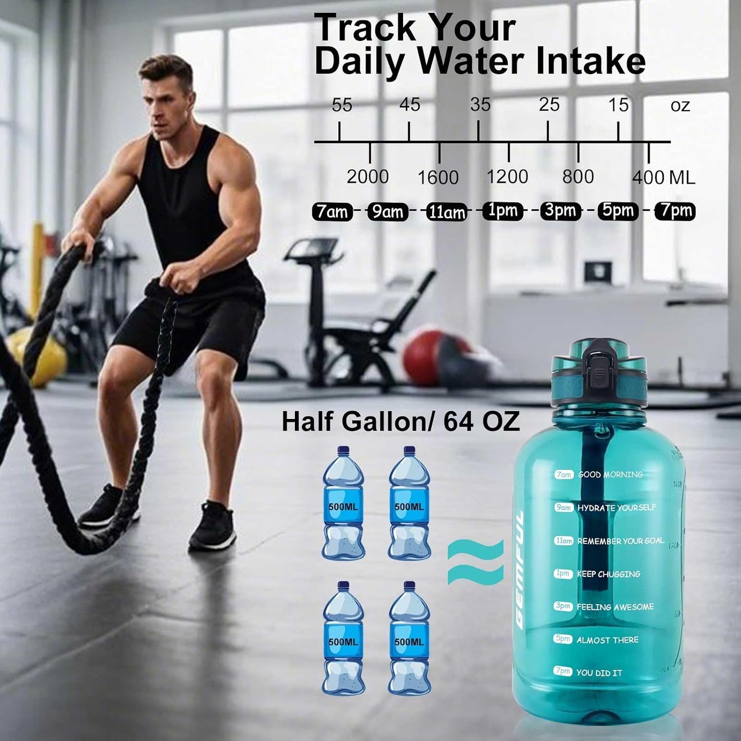 GEMFUL 3L Water Bottle with Measurements & Straw 100oz Leakproof Jug (Grey) | BPA Free, Time Marker, Wide Mouth, Sturdy Handle for Carry, for Gym, Fitness, Hiking, Office, Wome, Men