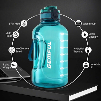 GEMFUL 3L Water Bottle with Measurements & Straw 100oz Leakproof Jug (Grey) | BPA Free, Time Marker, Wide Mouth, Sturdy Handle for Carry, for Gym, Fitness, Hiking, Office, Wome, Men
