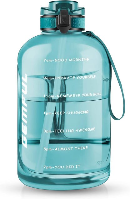 GEMFUL 3L Water Bottle with Measurements & Straw 100oz Leakproof Jug (Grey) | BPA Free, Time Marker, Wide Mouth, Sturdy Handle for Carry, for Gym, Fitness, Hiking, Office, Wome, Men