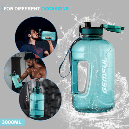 GEMFUL 3L Water Bottle with Measurements & Straw 100oz Leakproof Jug (Grey) | BPA Free, Time Marker, Wide Mouth, Sturdy Handle for Carry, for Gym, Fitness, Hiking, Office, Wome, Men