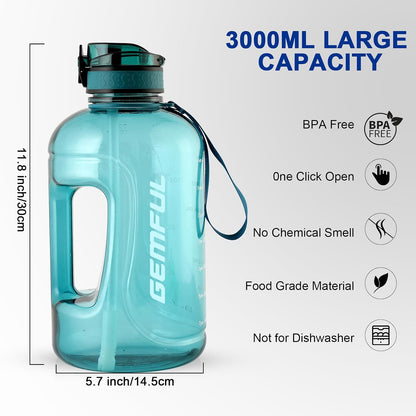 GEMFUL 3L Water Bottle with Measurements & Straw 100oz Leakproof Jug (Grey) | BPA Free, Time Marker, Wide Mouth, Sturdy Handle for Carry, for Gym, Fitness, Hiking, Office, Wome, Men