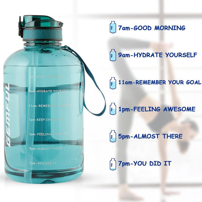 GEMFUL 3L Water Bottle with Measurements & Straw 100oz Leakproof Jug (Grey) | BPA Free, Time Marker, Wide Mouth, Sturdy Handle for Carry, for Gym, Fitness, Hiking, Office, Wome, Men