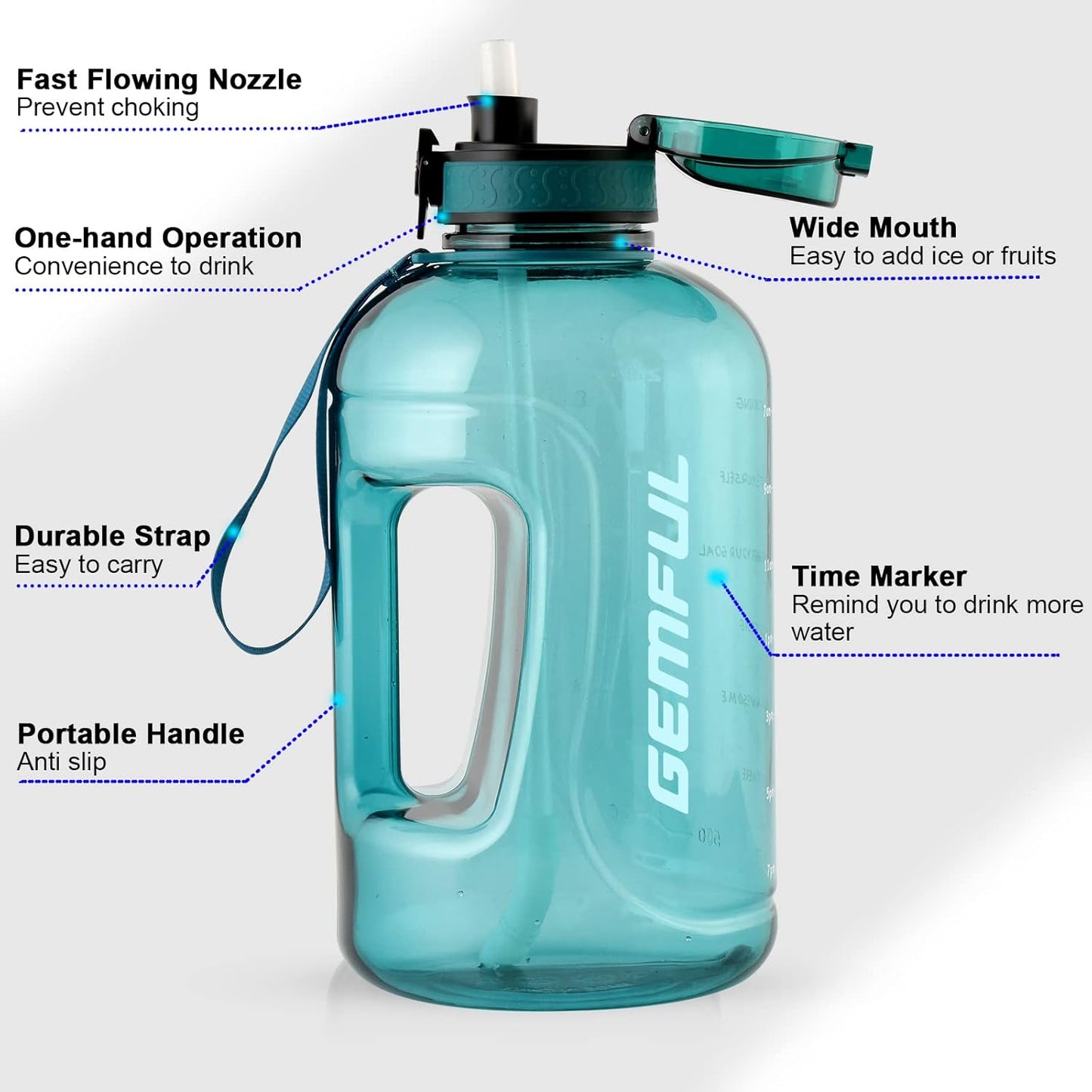 GEMFUL 3L Water Bottle with Measurements & Straw 100oz Leakproof Jug (Grey) | BPA Free, Time Marker, Wide Mouth, Sturdy Handle for Carry, for Gym, Fitness, Hiking, Office, Wome, Men